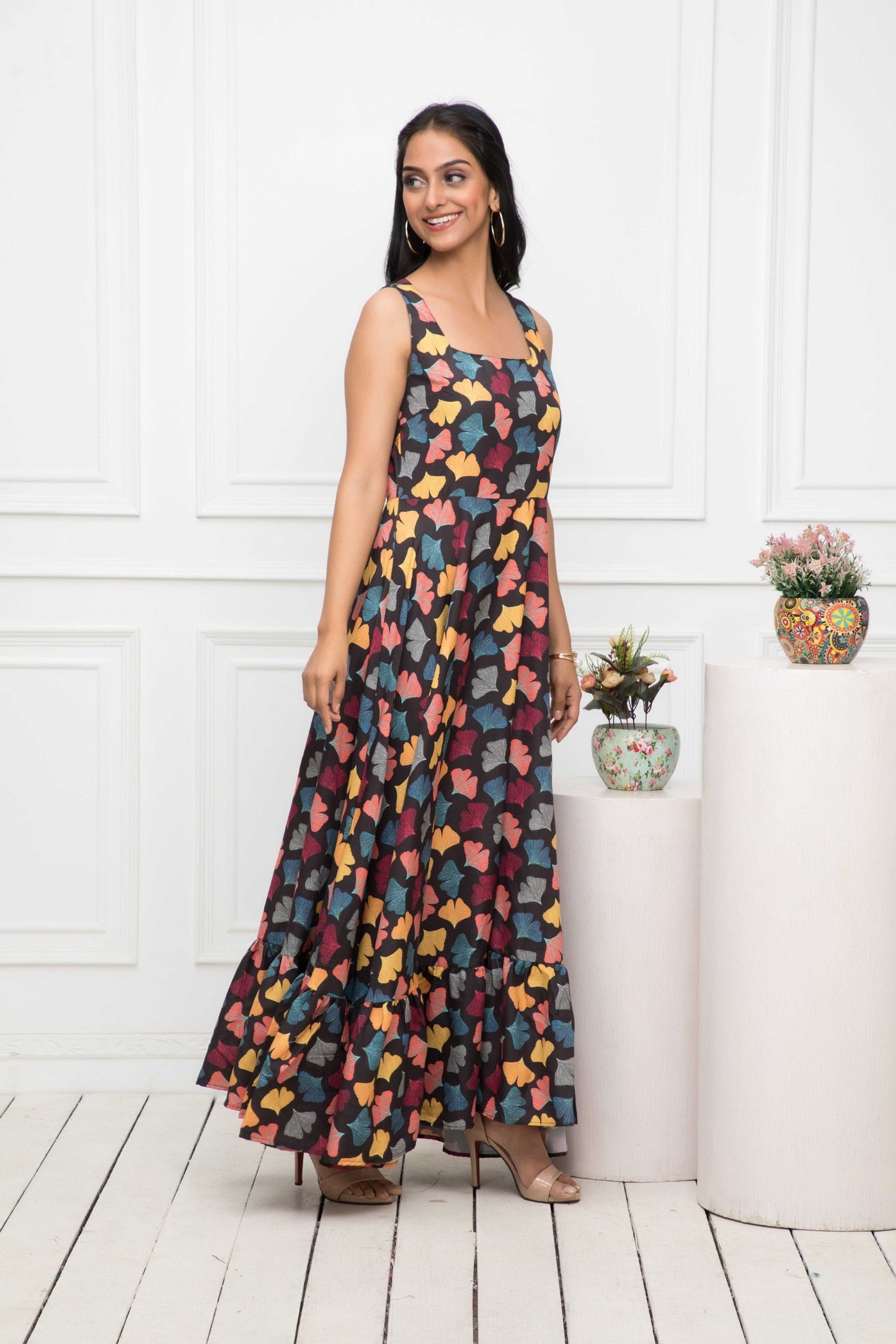 Women's Black Floral Rayon A-Line Round Neck Dress