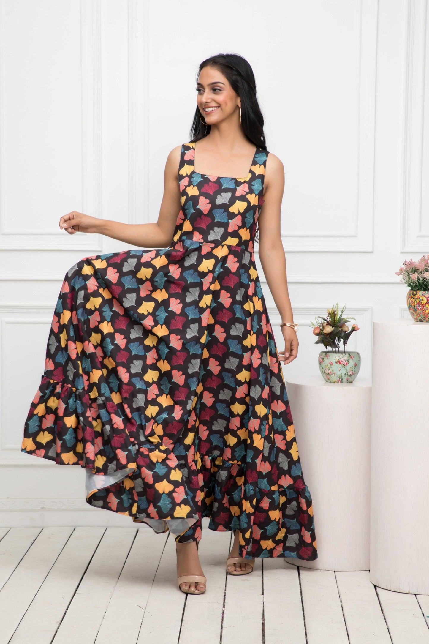 Women's Black Floral Rayon A-Line Round Neck Dress