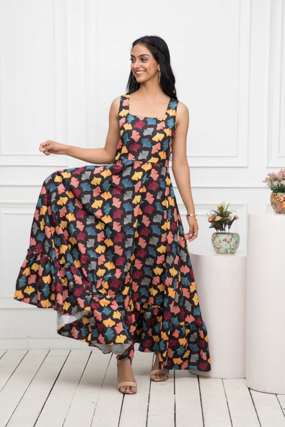 Women's Black Floral Rayon A-Line Round Neck Dress