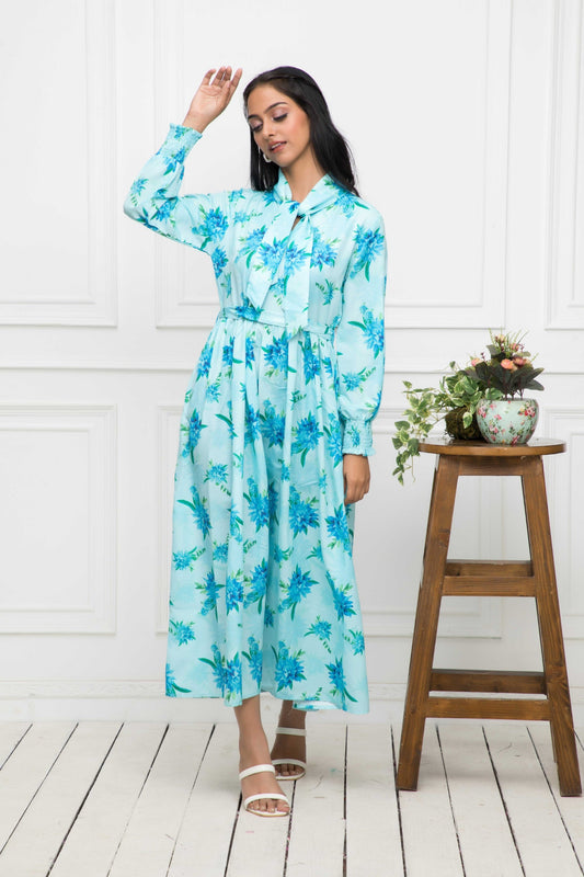 Women's Blue Floral Rayon A-Line Shirt Collar Dress