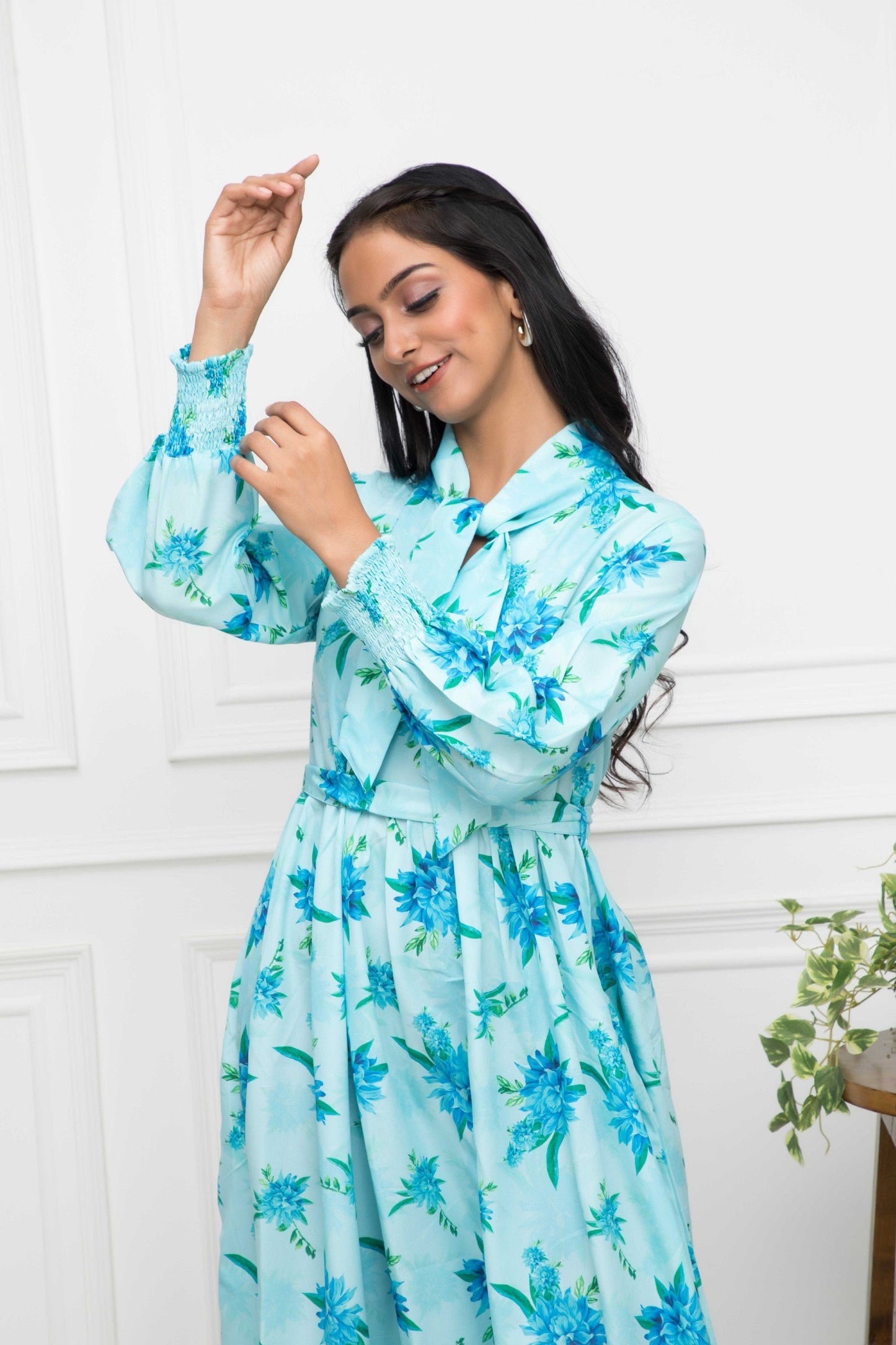 Women's Blue Floral Rayon A-Line Shirt Collar Dress