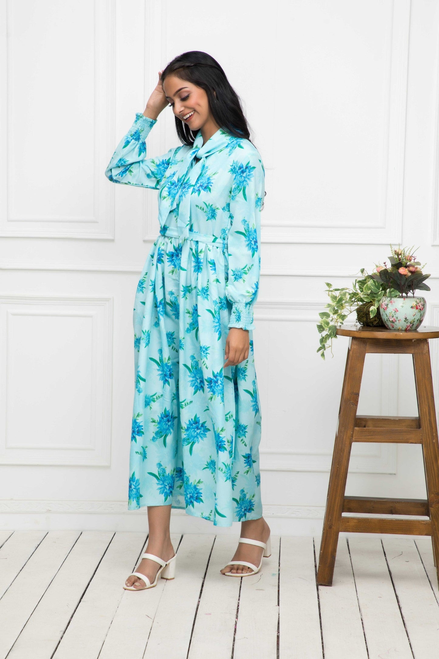 Women's Blue Floral Rayon A-Line Shirt Collar Dress