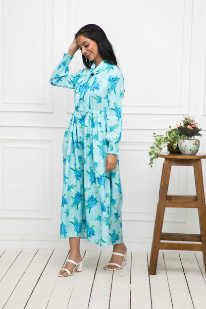 Women's Blue Floral Rayon A-Line Shirt Collar Dress