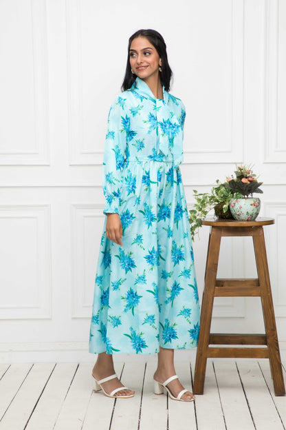 Women's Blue Floral Rayon A-Line Shirt Collar Dress