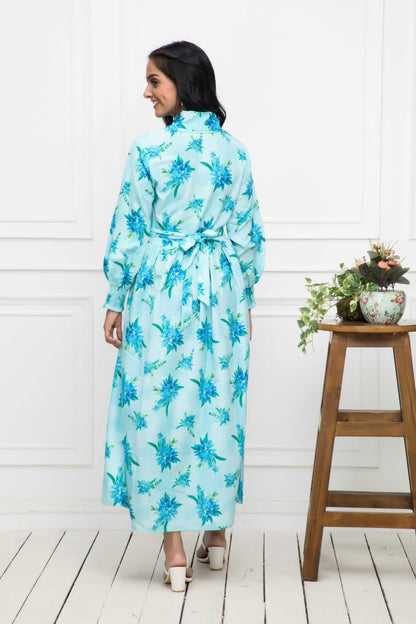 Women's Blue Floral Rayon A-Line Shirt Collar Dress