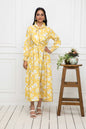 Women's Yellow Floral Rayon A-Line Shirt Collar Dress