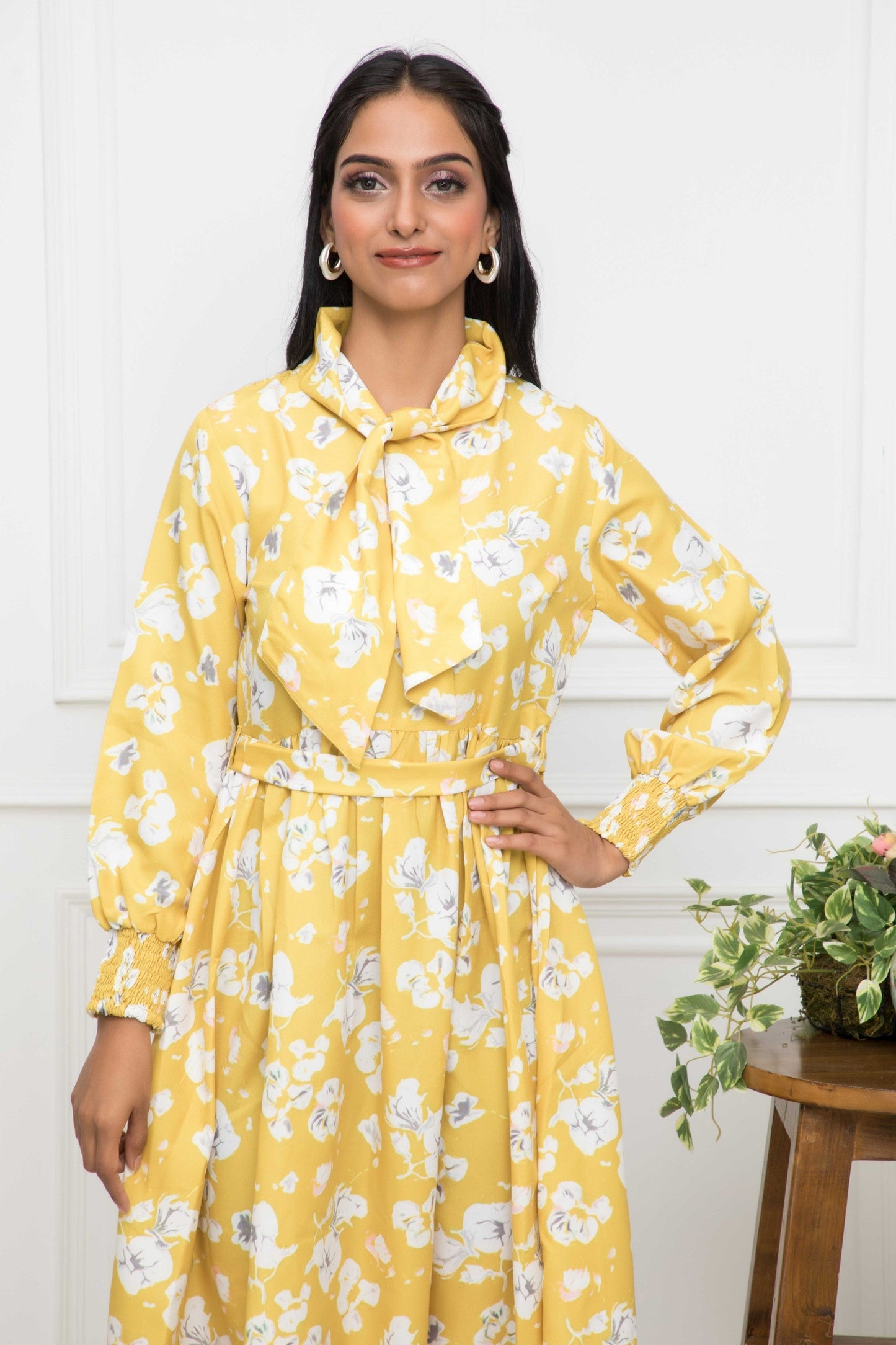 Women's Yellow Floral Rayon A-Line Shirt Collar Dress