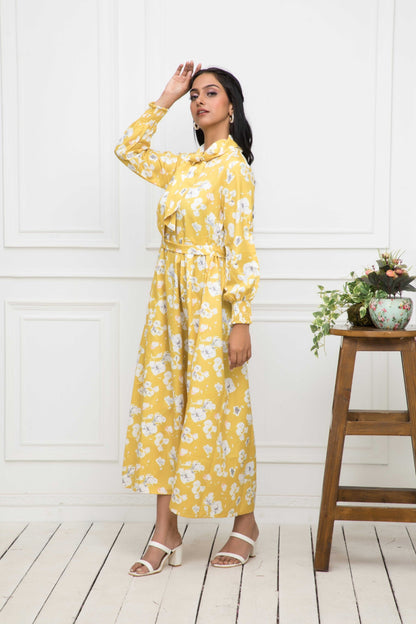 Women's Yellow Floral Rayon A-Line Shirt Collar Dress