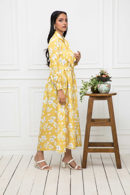 Women's Yellow Floral Rayon A-Line Shirt Collar Dress