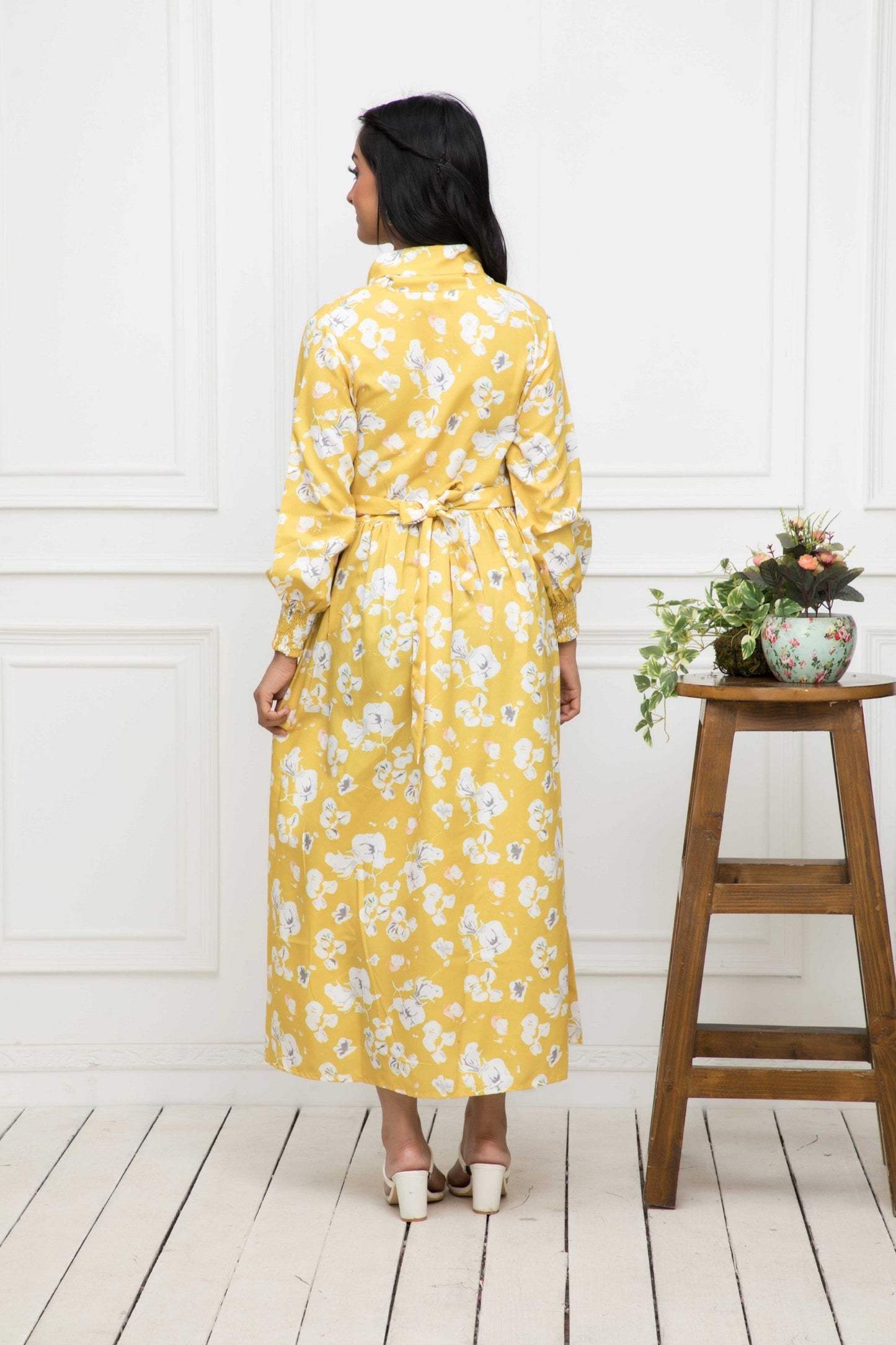 Women's Yellow Floral Rayon A-Line Shirt Collar Dress