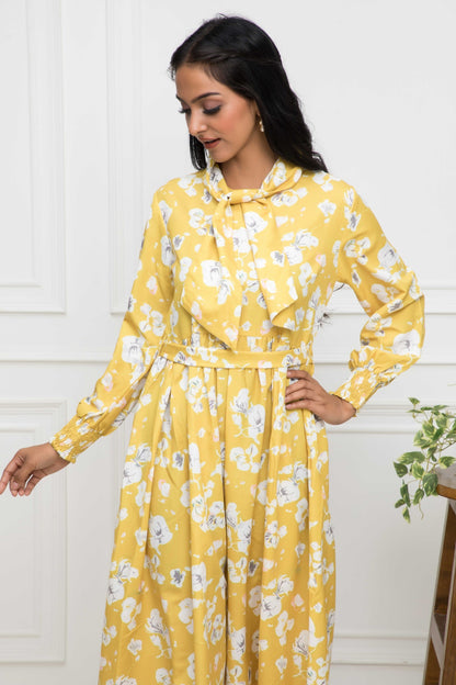 Women's Yellow Floral Rayon A-Line Shirt Collar Dress