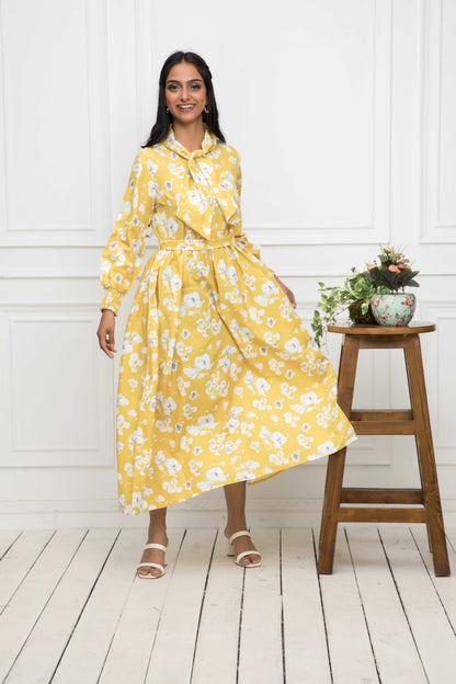 Women's Yellow Floral Rayon A-Line Shirt Collar Dress