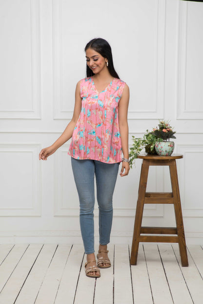 Women's Multi Abstract V-Neck No Sleeves Polyester Top