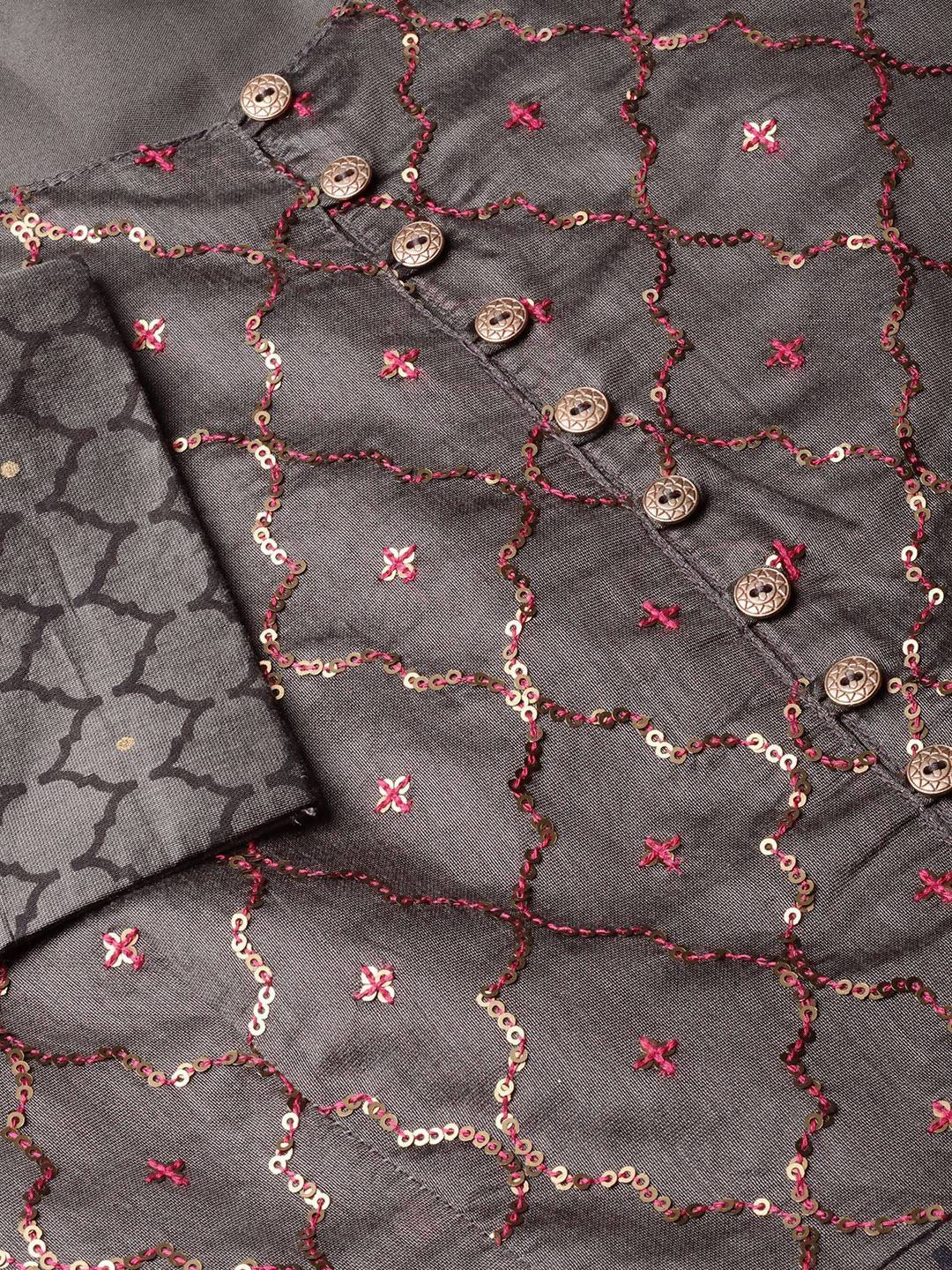 Women's Grey Chanderi Printed Kurta With Solid Skirt