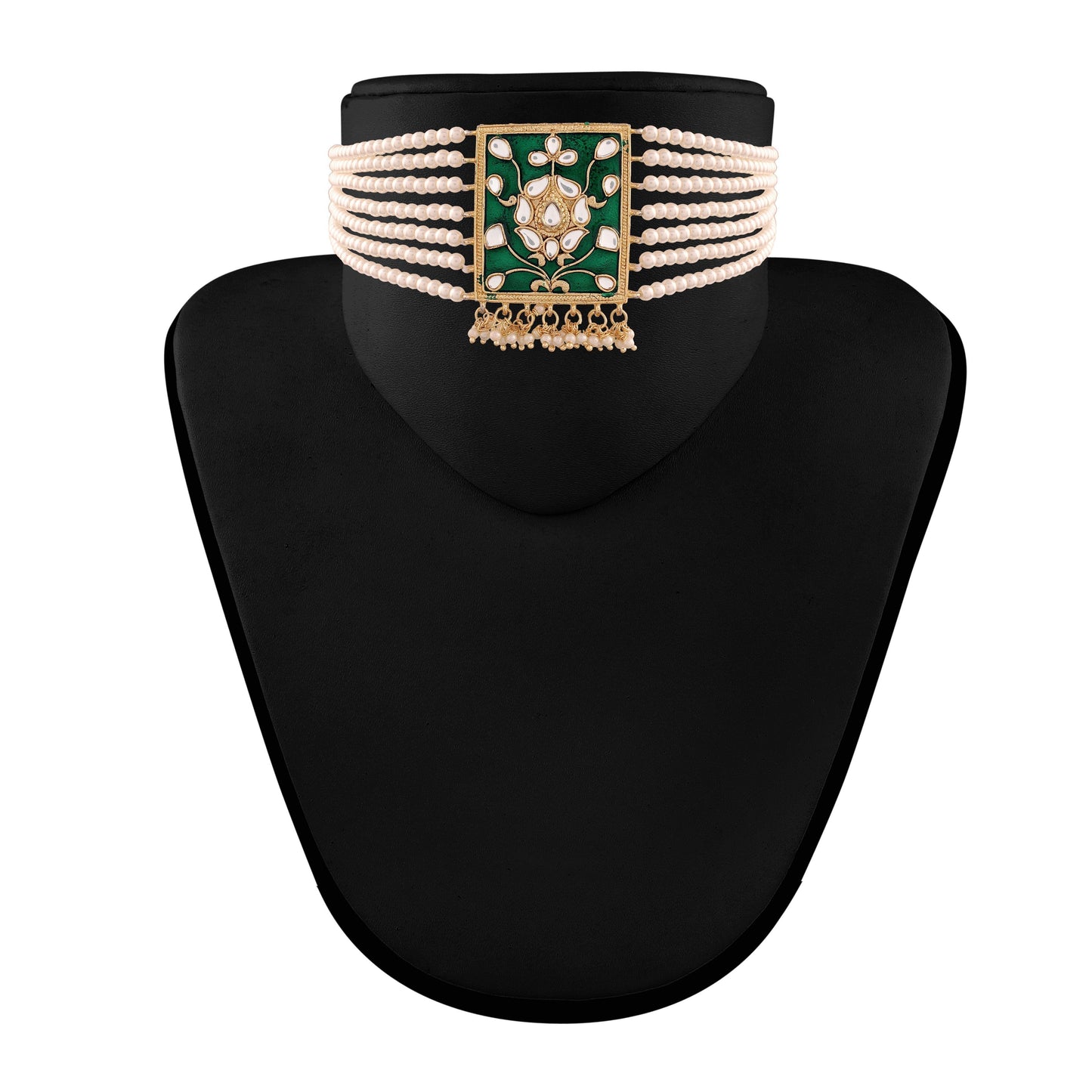 Women's Gold Plated Green Pearl & Kundan Meenakari Multistrand Necklace Set With Earrings