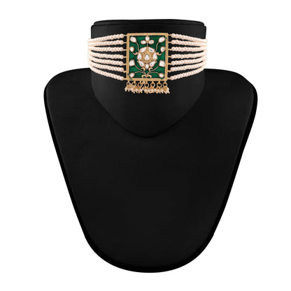 Women's Gold Plated Green Pearl & Kundan Meenakari Multistrand Necklace Set With Earrings