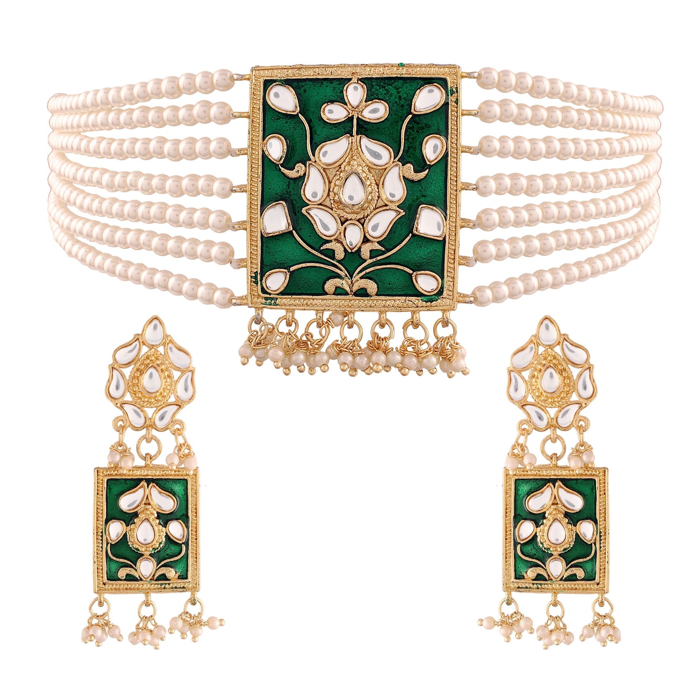 Women's Gold Plated Green Pearl & Kundan Meenakari Multistrand Necklace Set With Earrings