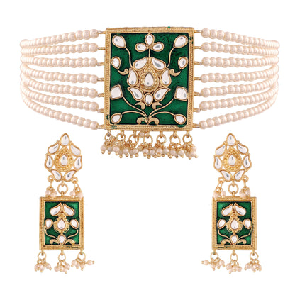 Women's Gold Plated Green Pearl & Kundan Meenakari Multistrand Necklace Set With Earrings