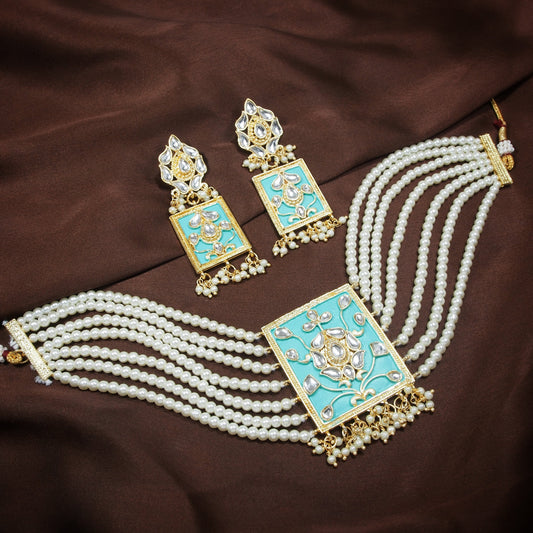 Women's Gold Plated Turquoise Pearl & Kundan Meenakari Multistrand Necklace Set With Earrings