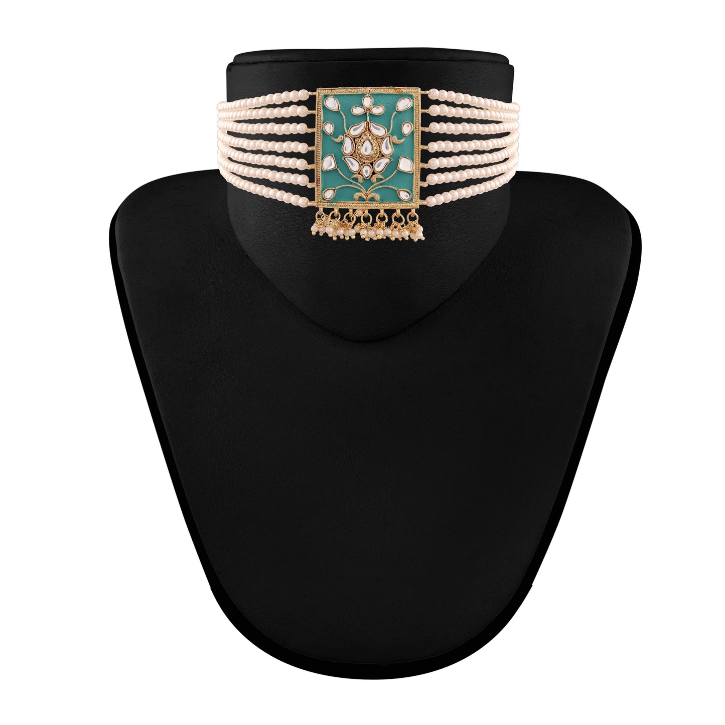Women's Gold Plated Turquoise Pearl & Kundan Meenakari Multistrand Necklace Set With Earrings