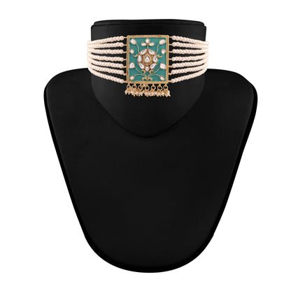 Women's Gold Plated Turquoise Pearl & Kundan Meenakari Multistrand Necklace Set With Earrings