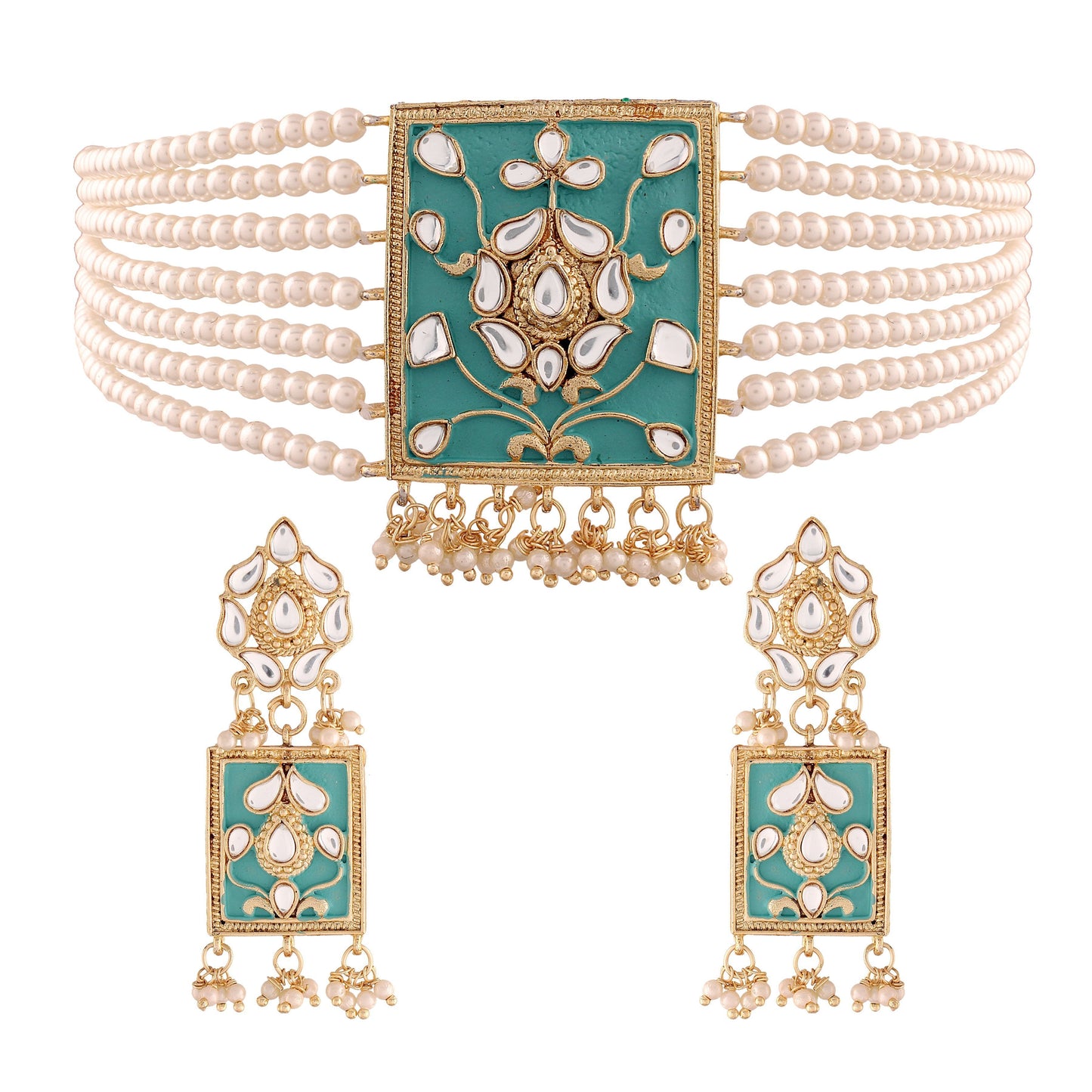 Women's Gold Plated Turquoise Pearl & Kundan Meenakari Multistrand Necklace Set With Earrings