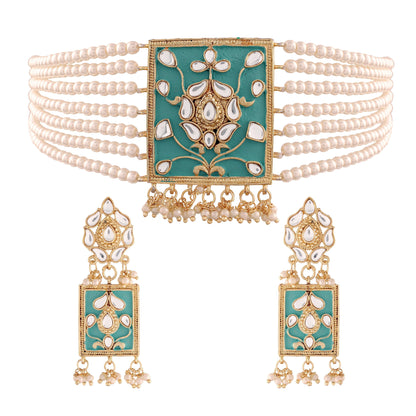 Women's Gold Plated Turquoise Pearl & Kundan Meenakari Multistrand Necklace Set With Earrings
