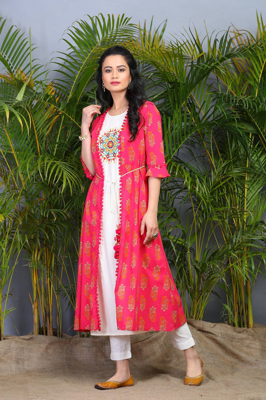 Buy_Women's_Fuschia_Rayon_Embroidered_Jacket_Style_Kurta_Online_Trendia