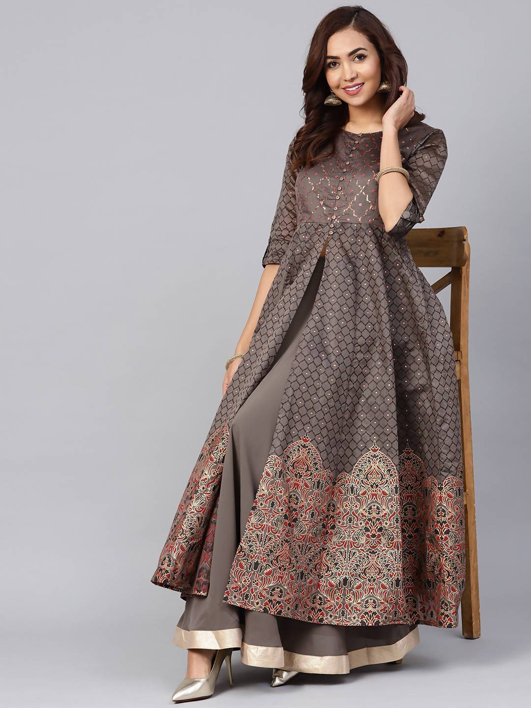 Women's Grey Chanderi Printed Kurta With Solid Skirt