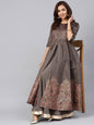 Women's Grey Chanderi Printed Kurta With Solid Skirt