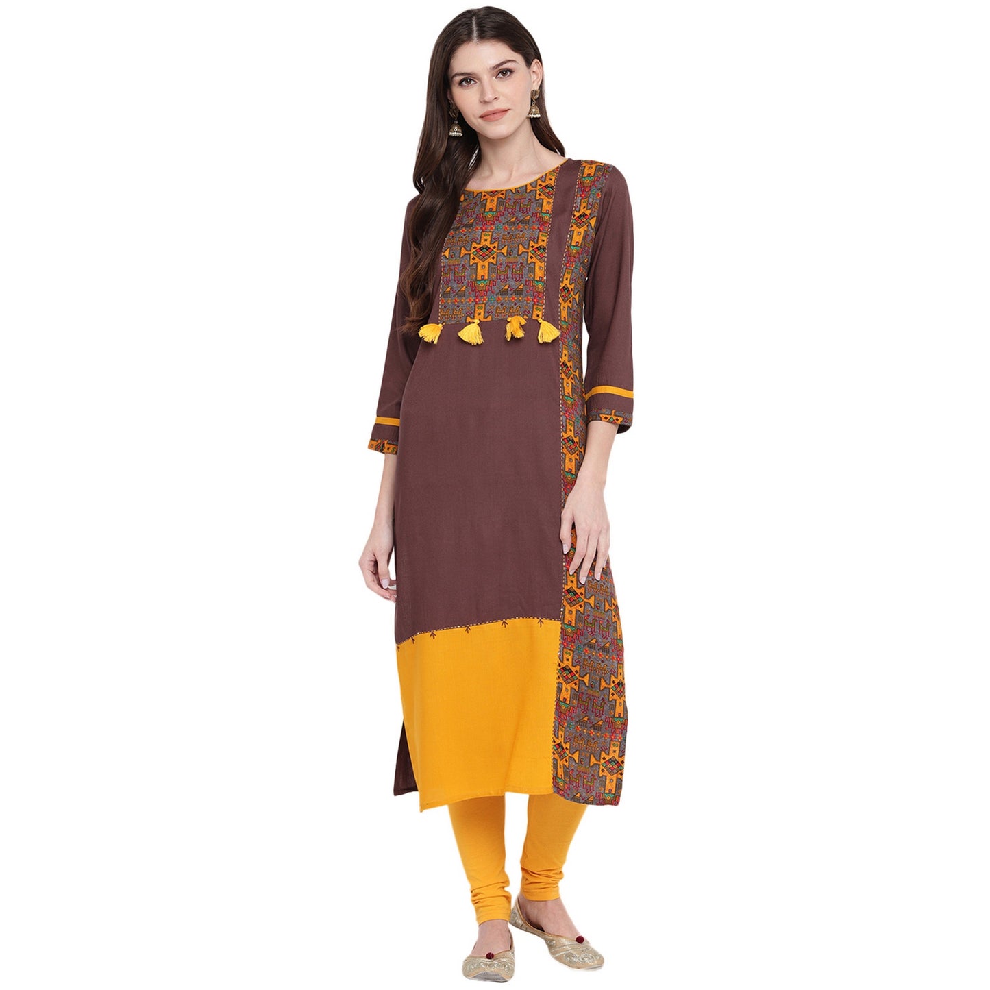 Women's Brown & Yellow Rayon Kurta By Vbu