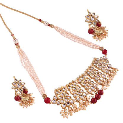Women's Gold Plated Marron Kundan & Pearl Studded Choker Necklace Set with Earrings