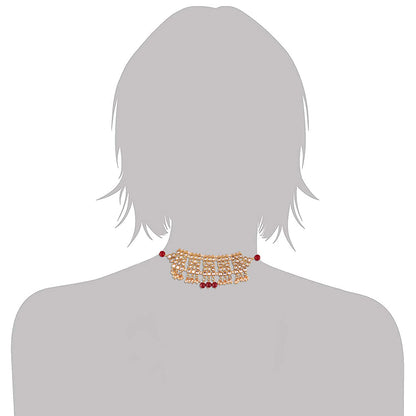 Women's Gold Plated Marron Kundan & Pearl Studded Choker Necklace Set with Earrings