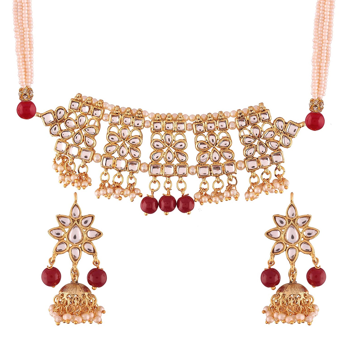 Women's Gold Plated Marron Kundan & Pearl Studded Choker Necklace Set with Earrings