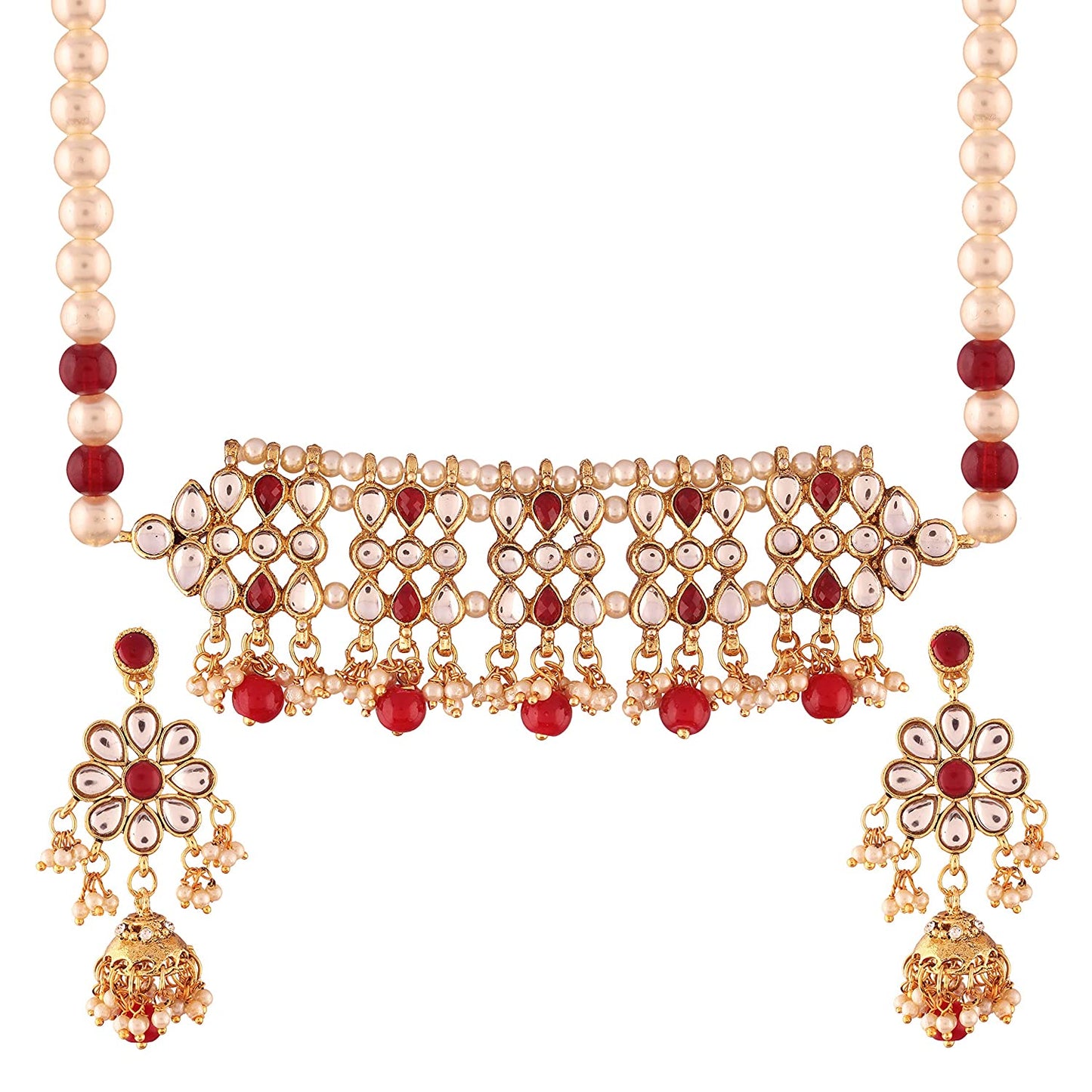 Women's Gold Plated Red Kundan & Pearl Studded Choker Necklace Set with Earring