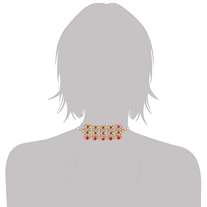 Women's Gold Plated Red Kundan & Pearl Studded Choker Necklace Set with Earring
