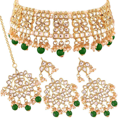 Women's Gold Plated Green Kundan & Pearl Studded Choker Jeweller Set with Earrings & Maang Tikka