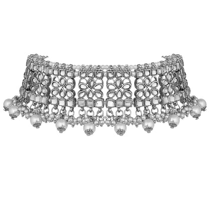Women's Rhodium Plated Silver Kundan & Pearl Studded Choker Necklace Jewellery Set with Earrings & Maang Tikka