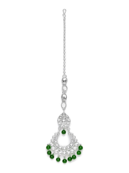 Women's Rhodium Plated Ethnic Green Kundan & Pearl Choker Necklace Set