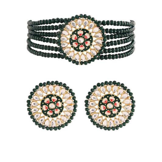 Women's 18K Gold Plated Traditional Kundan & Pearl Studded Choker Set - I Jew