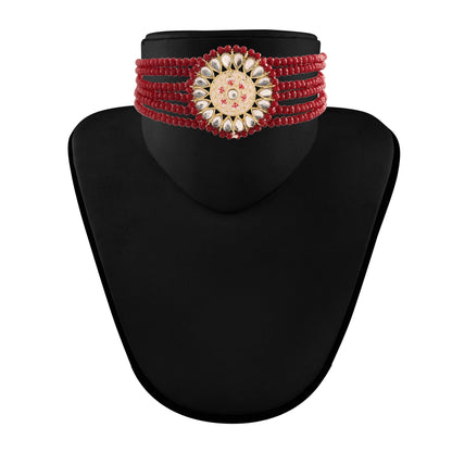 Women's 18K Gold Plated Traditional Kundan & Pearl Studded Choker Set - I Jew