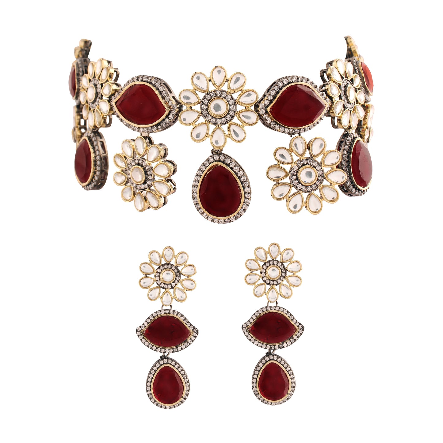 Women's 18K Gold Plated Traditional Kundan & Pearl Studded Choker Set - I Jew