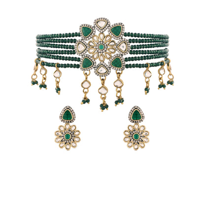 Women's 18K Gold Plated Traditional Kundan & Pearl Studded Choker Set - I Jew