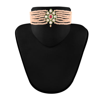 Women's 18K Gold Plated Traditional Kundan & Pearl Studded Choker Set - I Jew