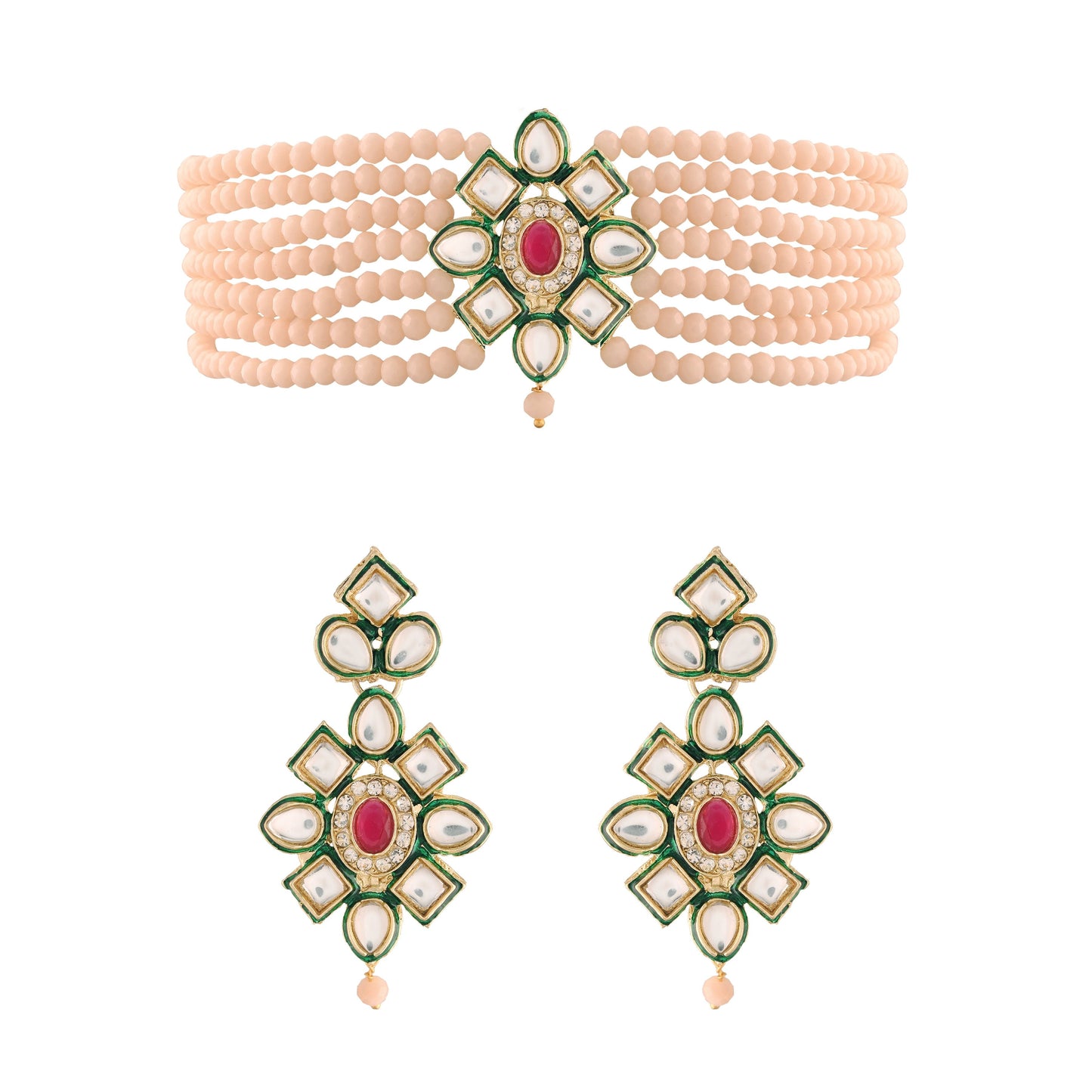 Women's 18K Gold Plated Traditional Kundan & Pearl Studded Choker Set - I Jew