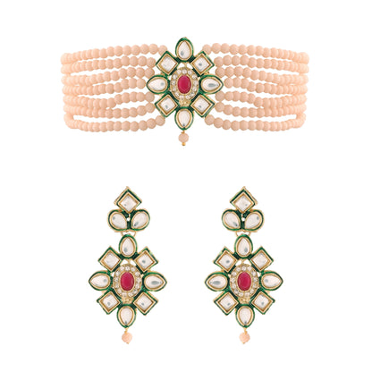 Women's 18K Gold Plated Traditional Kundan & Pearl Studded Choker Set - I Jew