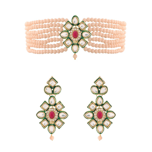 Women's 18K Gold Plated Traditional Kundan & Pearl Studded Choker Set - I Jew