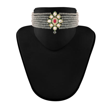Women's 18K Gold Plated Traditional Kundan & Pearl Studded Choker Set - I Jew