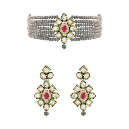 Women's 18K Gold Plated Traditional Kundan & Pearl Studded Choker Set - I Jew