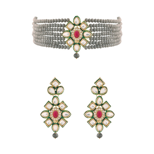 Women's 18K Gold Plated Traditional Kundan & Pearl Studded Choker Set - I Jew